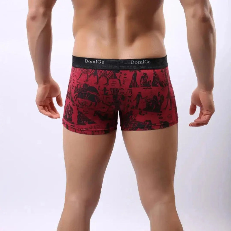 Rear view of men's bamboo fiber boxer briefs in red print — DomiGe seamless one-piece rear with no center seam	
