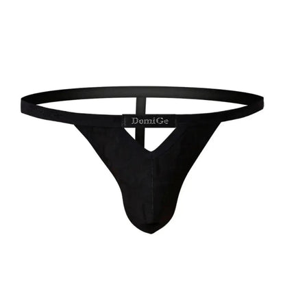 DomiGe bamboo T-back thong in black — flat lay front showing V-cut and waistband detail	