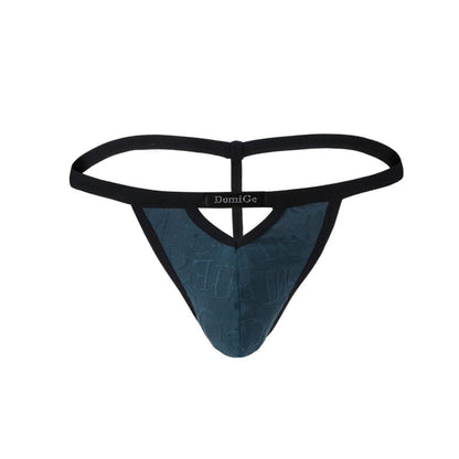 DomiGe bamboo T-back thong in slate blue — flat lay front showing V-cut detail	