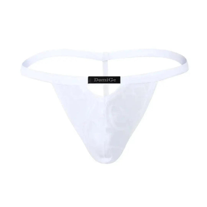 DomiGe bamboo T-back thong in white — flat lay front showing V-cut detail	