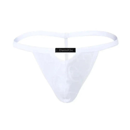 DomiGe bamboo T-back thong in white — flat lay front showing V-cut detail	