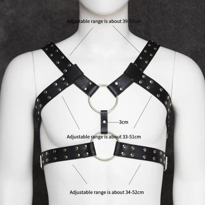 DomiGe black PU leather body harness — close-up product detail showing leather texture and metal hardware	