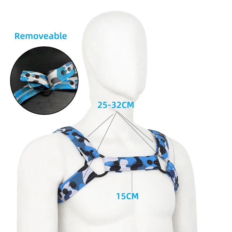 Close-up of DomiGe blue leather harness strap adjustment buckle — durable metal hardware	