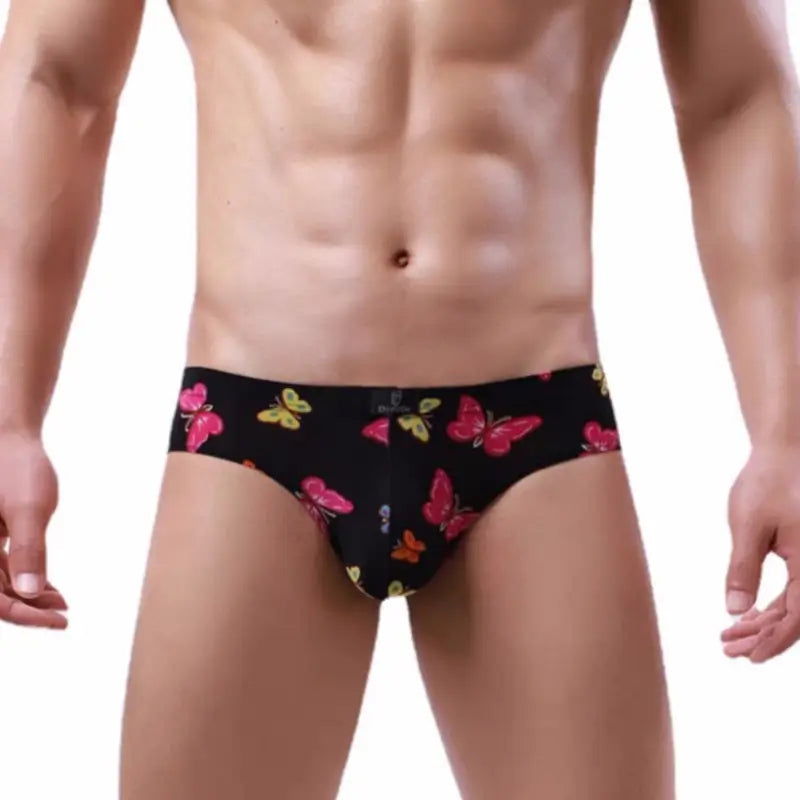 DomiGe Men's Butterfly Print Low-Rise Briefs Black Front View	