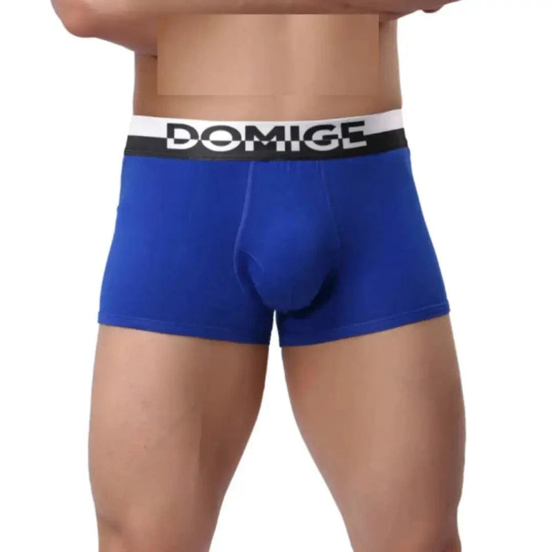 DomiGe cotton boxer briefs turtle shell pouch in blue — model front view showing contoured design and silver waistband	