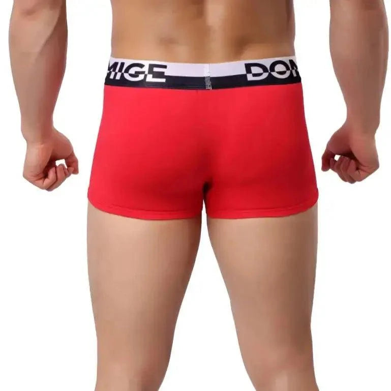 DomiGe cotton boxer briefs turtle shell pouch in red — model rear view showing full back coverage	