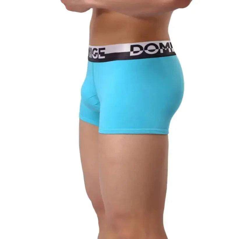 DomiGe cotton boxer briefs turtle shell pouch in sky blue — model side view showing silver logo waistband	