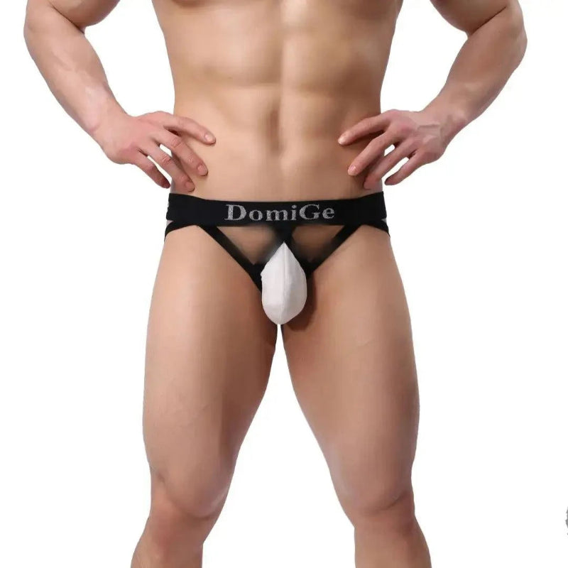 DomiGe cotton lycra jockstrap in beige — model front view showing 3D shield cut pouch	