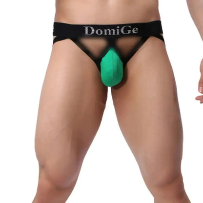 DomiGe cotton lycra jockstrap in green — model front view showing 3D shield cut pouch	
