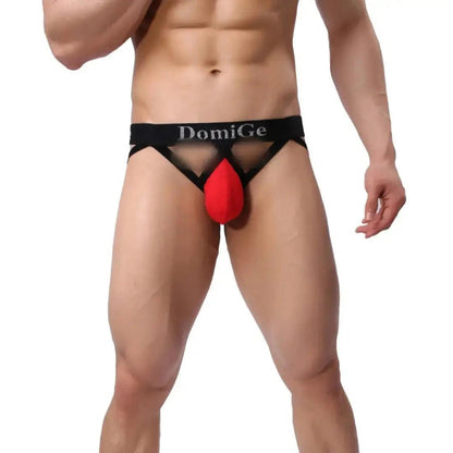 DomiGe cotton lycra jockstrap in red — model front view showing 3D shield cut pouch	