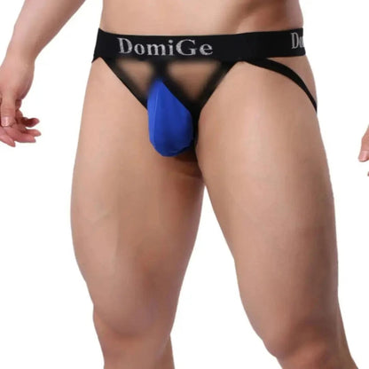DomiGe cotton lycra jockstrap in royal blue — model front view showing 3D shield cut pouch	