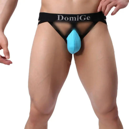 DomiGe cotton lycra jockstrap in sky blue — model front view showing 3D shield cut pouch	