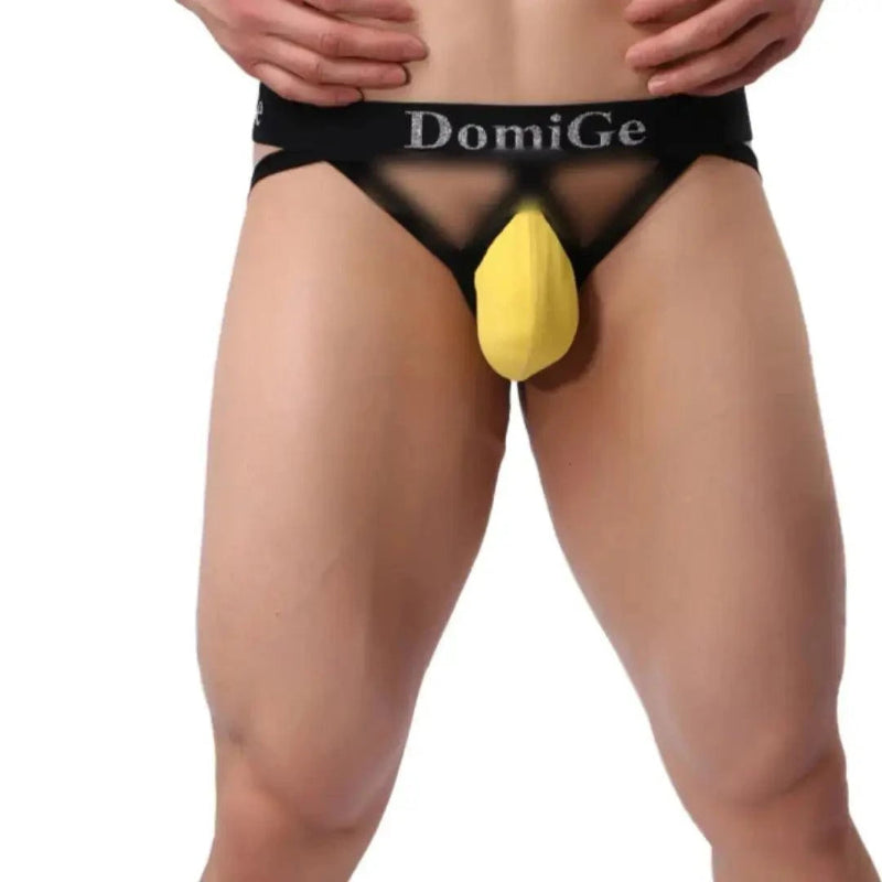 DomiGe cotton lycra jockstrap in yellow — model front view showing 3D shield cut pouch	