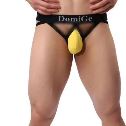DomiGe cotton lycra jockstrap in yellow — model front view showing 3D shield cut pouch	