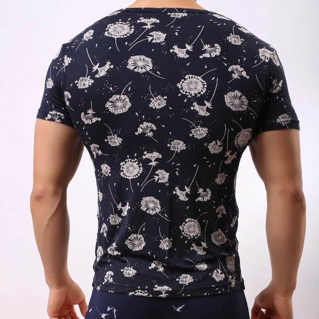 DomiGe DomiGe Men's Navy Blue Printed Round Neck Short Sleeve Shirt - 95% Modal