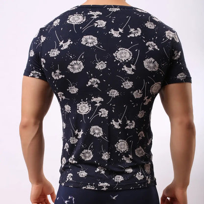 DomiGe DomiGe Men's Navy Blue Printed Round Neck Short Sleeve Shirt - 95% Modal