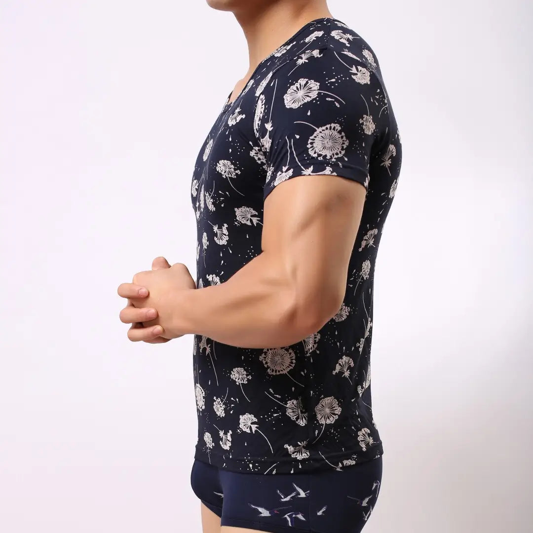 DomiGe DomiGe Men's Navy Blue Printed Round Neck Short Sleeve Shirt - 95% Modal