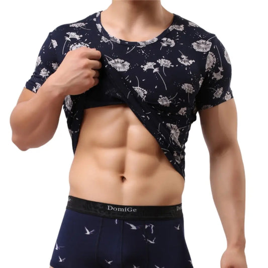 DomiGe DomiGe Men's Navy Blue Printed Round Neck Short Sleeve Shirt - 95% Modal