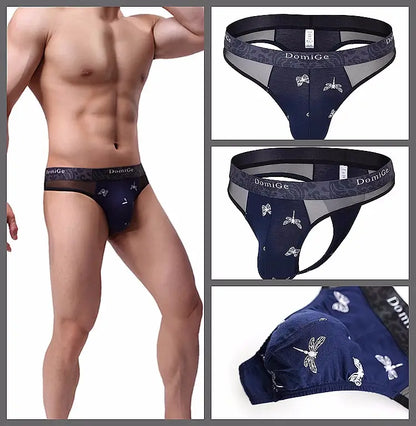 DomiGe DomiGe Men's Underwear - Deep Blue Thongs, Ultra-Soft & Stretchable, Black Mesh Design