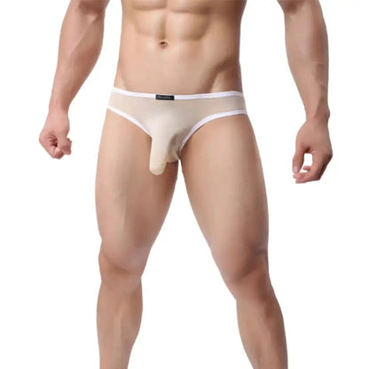 DomiGe elephant cock sock pouch briefs in apricot — model front view showing novelty elephant trunk pouch	