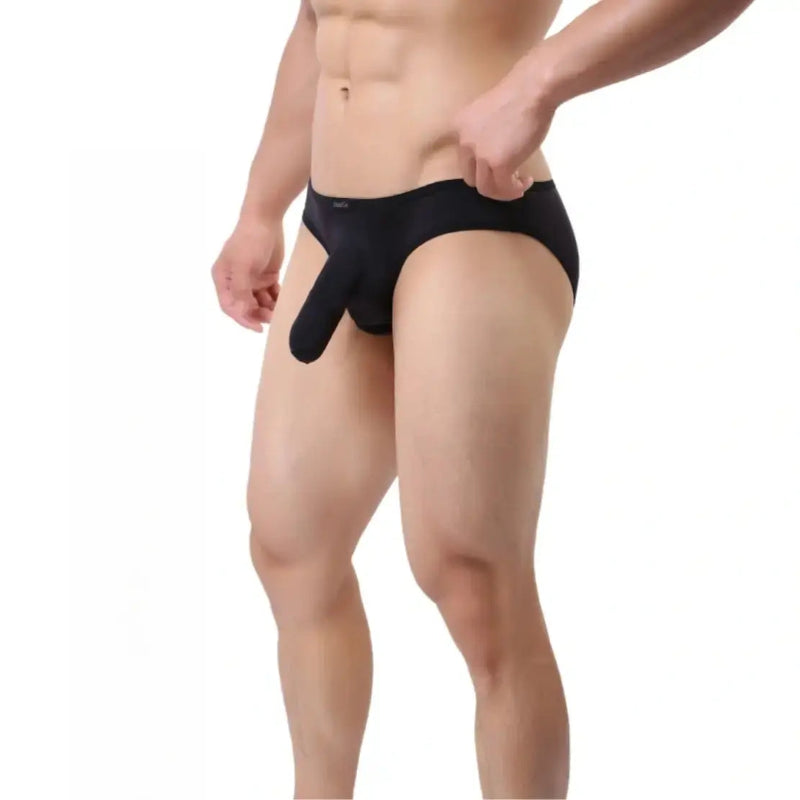 DomiGe elephant cock sock pouch briefs in black — model front view showing novelty elephant trunk pouch	