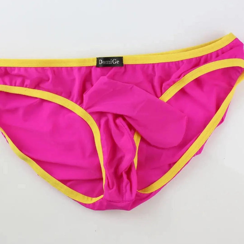 DomiGe elephant cock sock briefs in rose red — flat lay front view showing elephant trunk pouch design	