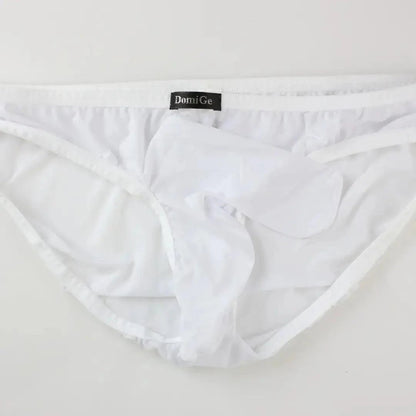 DomiGe elephant cock sock briefs in white — flat lay front view showing elephant trunk pouch design	