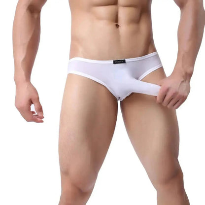 DomiGe elephant cock sock pouch briefs in white — model front view showing novelty elephant trunk pouch	