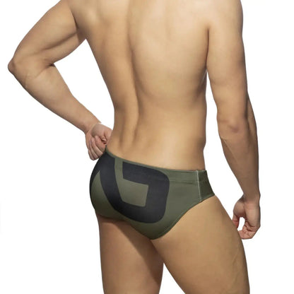 DomiGe fashion swim briefs in army green — model rear view	