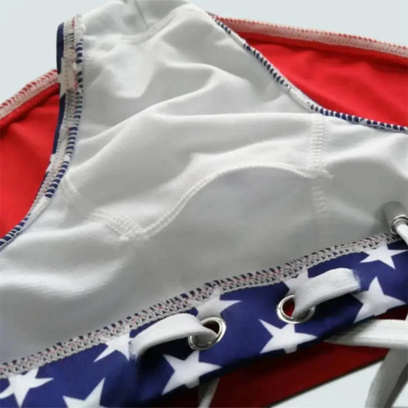 DomiGe flag print swim briefs in blue — product detail	