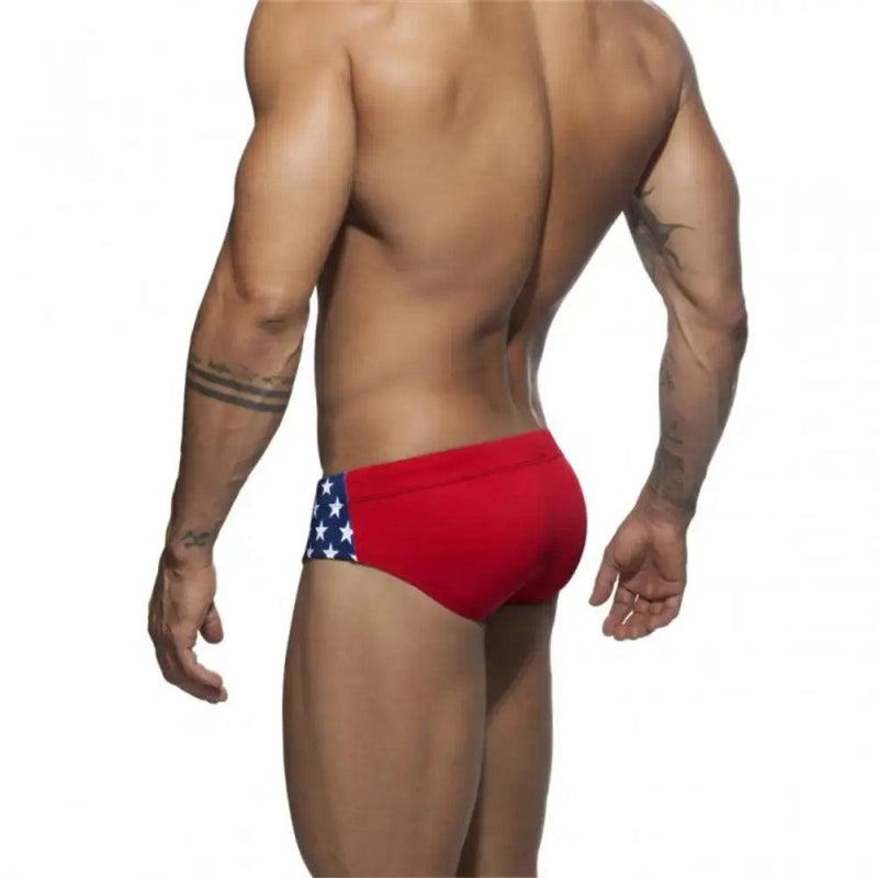 DomiGe flag print swim briefs in blue — model rear view	