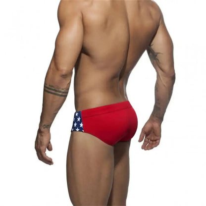 DomiGe flag print swim briefs in blue — model rear view	
