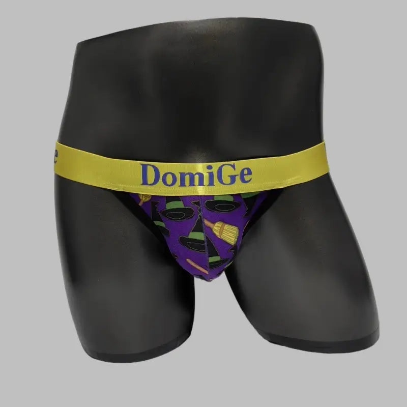 DomiGe Fun Halloween Underwear for Men: Purple Witch Jockstrap with Gold Band Front in Model