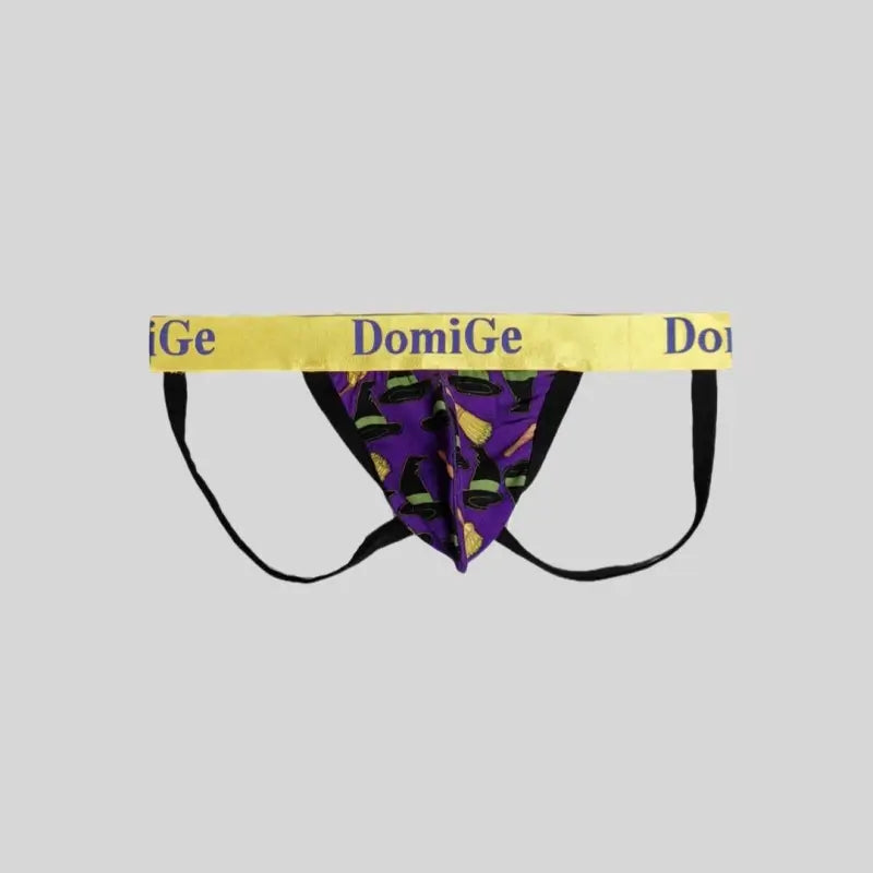 DomiGe Fun Halloween Underwear for Men: Purple Witch Jockstrap with Gold Band Flat
