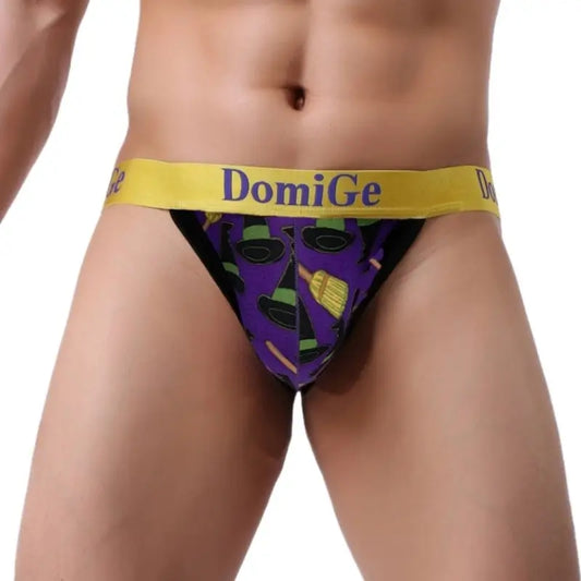 DomiGe Fun Halloween Underwear for Men: Purple Witch Jockstrap with Gold Band Front