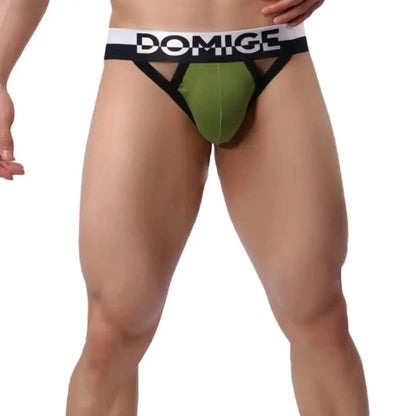 Men's army green cotton jockstrap front view – DomiGe stretch athletic support with silver waistband