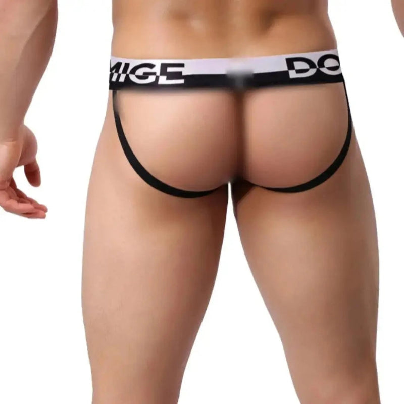 Men's black jockstrap back view – open-back athletic support DomiGe