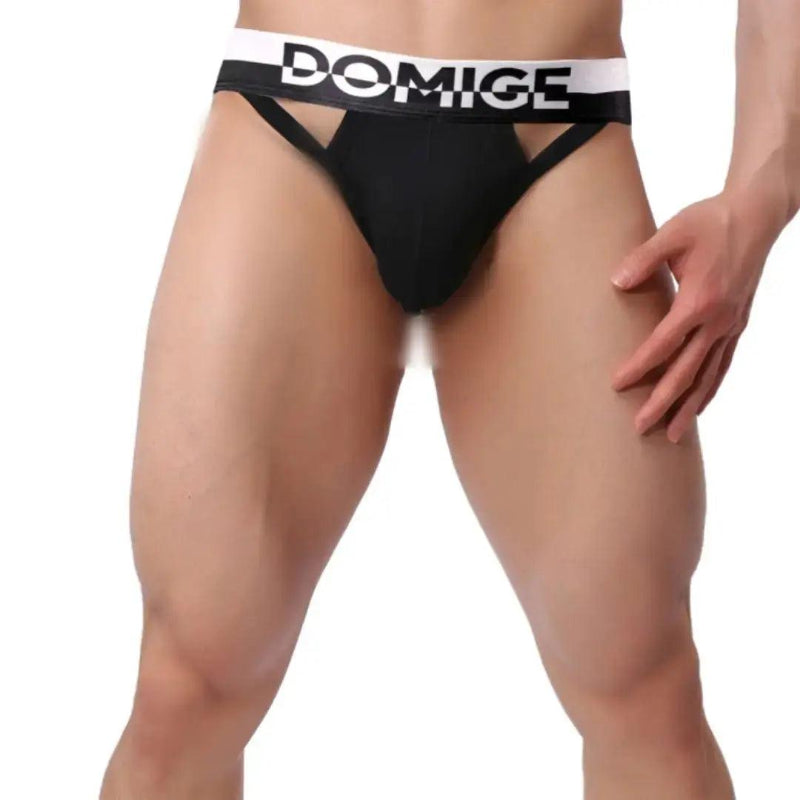 Men's black cotton jockstrap front view – DomiGe stretch athletic support with silver logo waistband