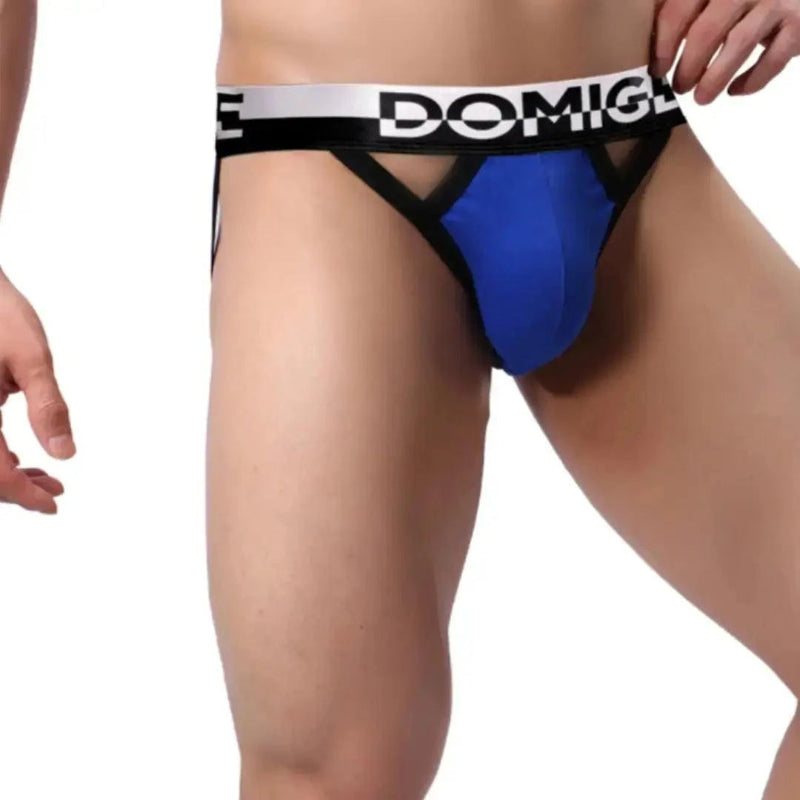 Men's blue cotton jockstrap front view – DomiGe stretch athletic support with silver waistband