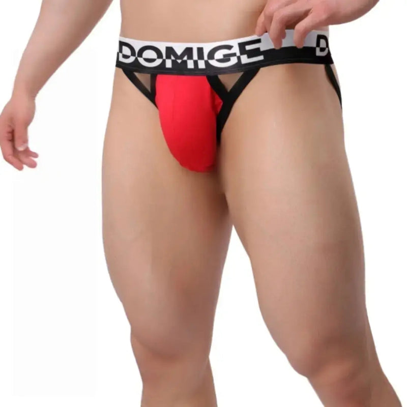 Men's red cotton jockstrap front view – DomiGe stretch athletic support with silver waistband