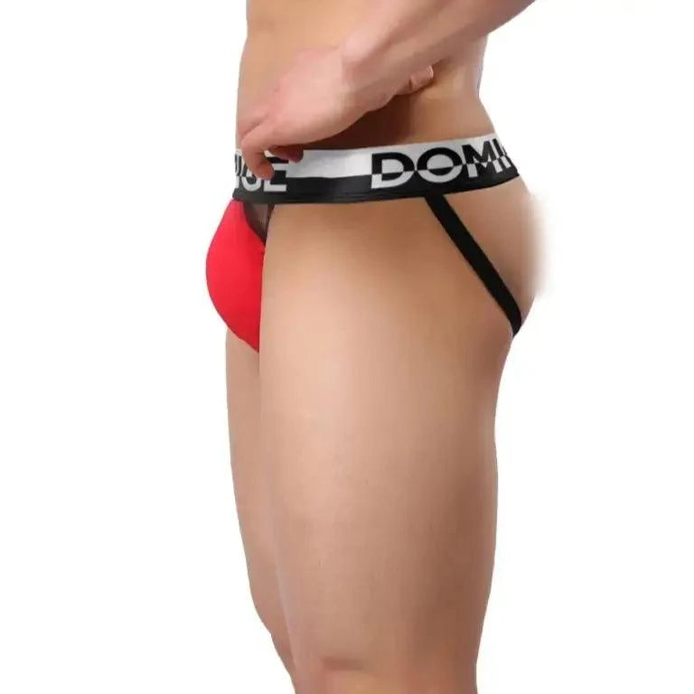 Men's red jockstrap side view – open-back design DomiGe everyday jockstrap