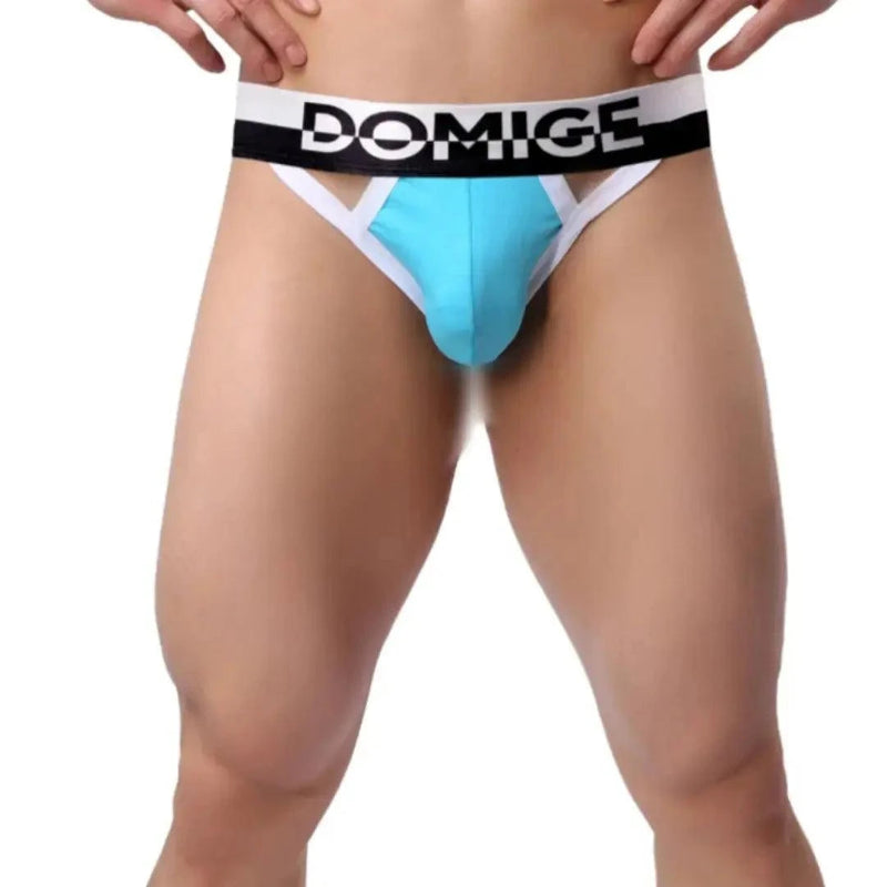 Men's sky blue cotton jockstrap front view – DomiGe stretch support with silver logo waistband