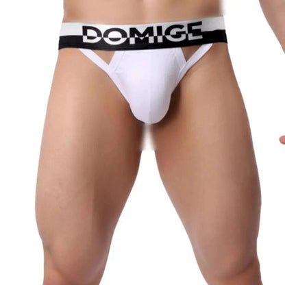 Men's white cotton jockstrap front view – DomiGe stretch support with silver waistband