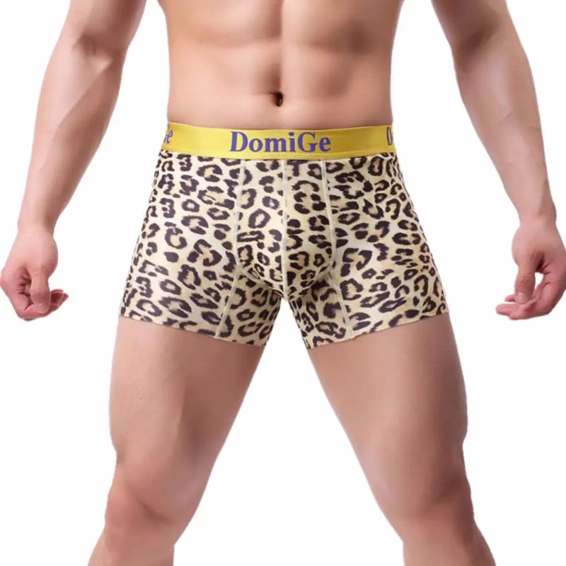 DomiGe men's yellow leopard print boxer shorts front view — 3D front volume with 3.5cm yellow blue-logo waistband, ice silk fabric	