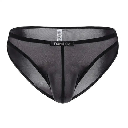 DomiGe mesh briefs in black — narrow DomiGe logo waistband close-up	