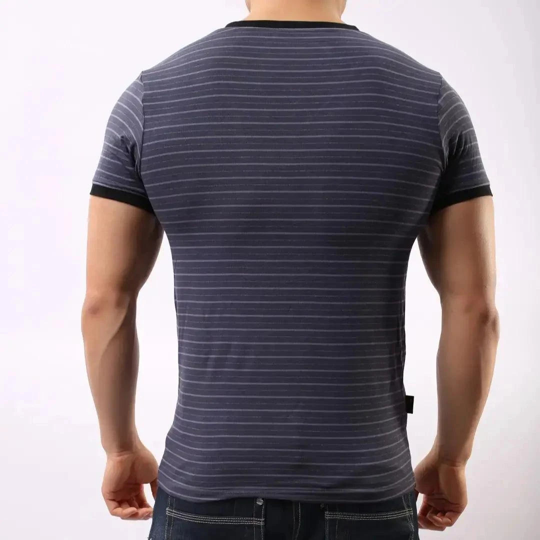 DomiGe Men's Eco-Friendly Bamboo Fiber V-Neck UnderShirt in Blue-Gray Stripe