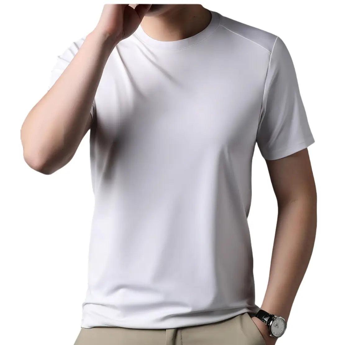 DomiGe Men's Summer T-Shirt - Spandex Ice Silk Solid Color Short Sleeve - His Inwear