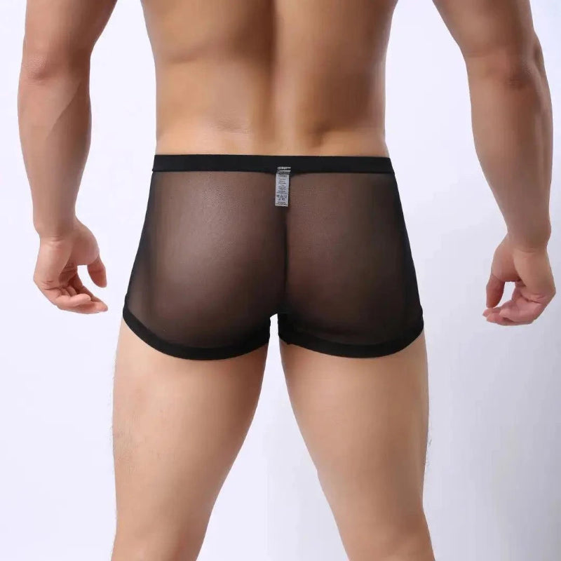 Back view of DomiGe black modal mesh boxer briefs — no-chafe flat seam rear, no ride-up fit	