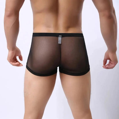 Back view of DomiGe black modal mesh boxer briefs — no-chafe flat seam rear, no ride-up fit	