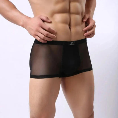 Side view of DomiGe black modal mesh boxer briefs — seamless construction with front bulge support design	